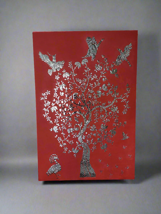 Red Base Thikri Glass Inlay Art Work Wall Panel
