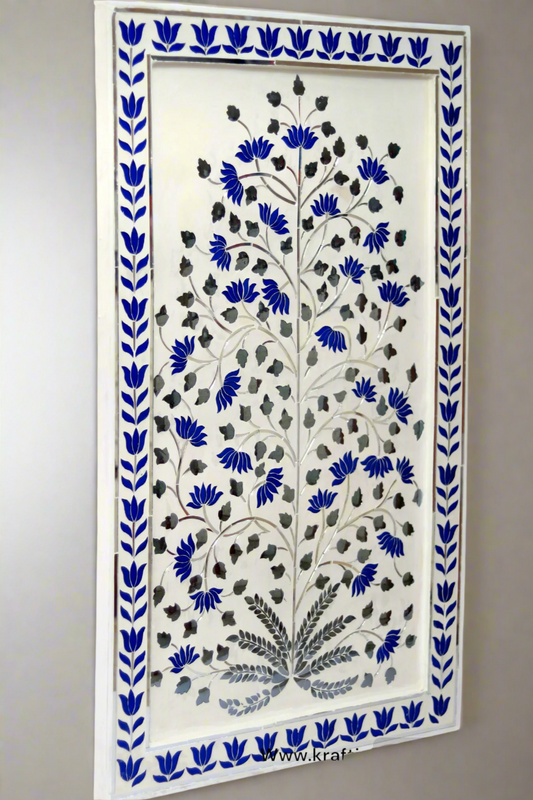 Blue And Silver Thikri Glass Mirror Art Work Panel
