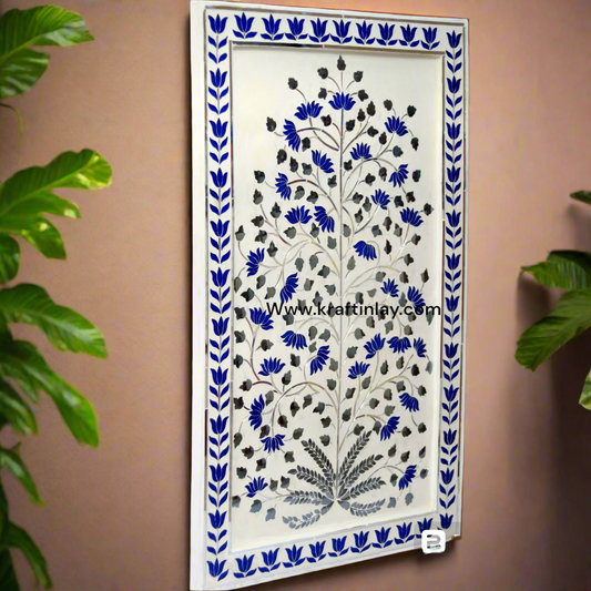 Blue And Silver Thikri Glass Mirror Art Work Panel