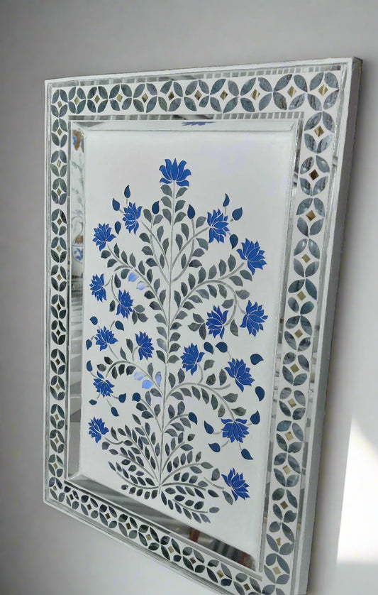 Small Size Blue and Silver Thikri Glass Mirror Art Panel Wall Hangings