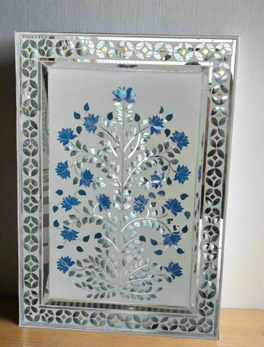 Small Size Blue and Silver Thikri Glass Mirror Art Panel Wall Hangings